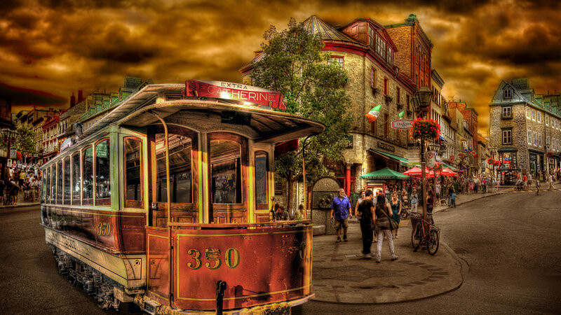 Trolley on City Street — Brown