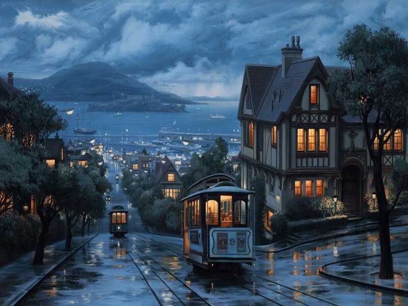 Trolley on Wet Street — Blue, Dramatic, Night, Painting