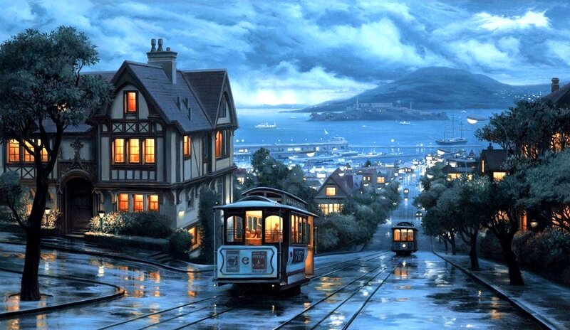 Trolley on Wet Street — Blue, Dramatic