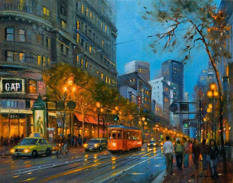 Trolley on Wet Street — Blue