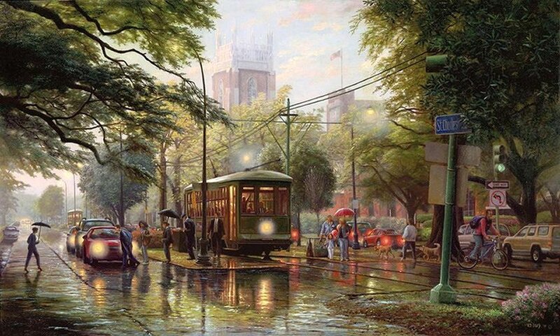 Trolley on Wet Street — Green