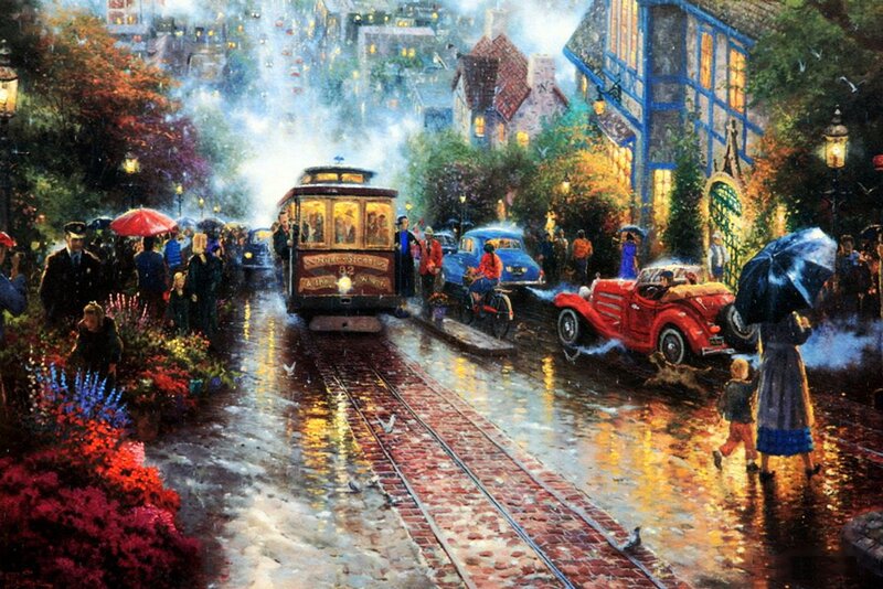Trolley on Wet Street — Red