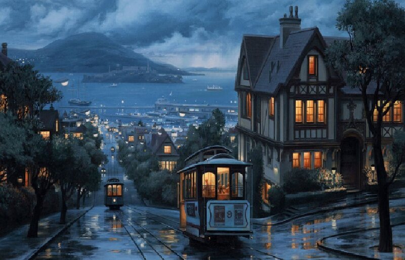 Trolley on Wet Street
