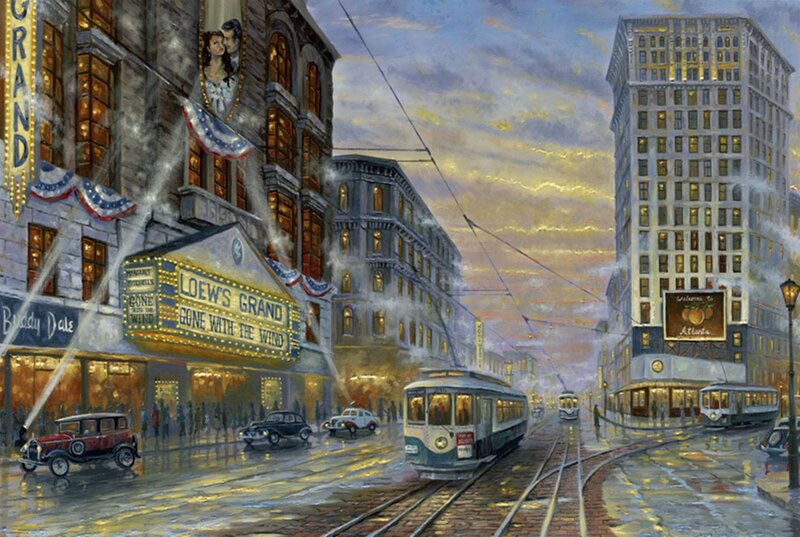 Trolley on Wet Street — Yellow, Dramatic, Sunset