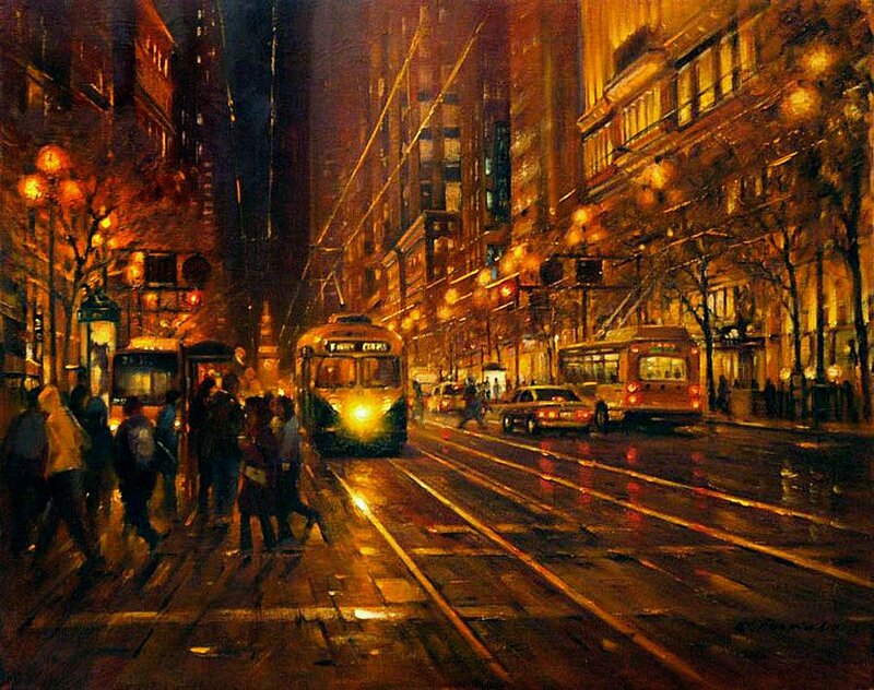 Trolley on Wet Street — Yellow, Dramatic