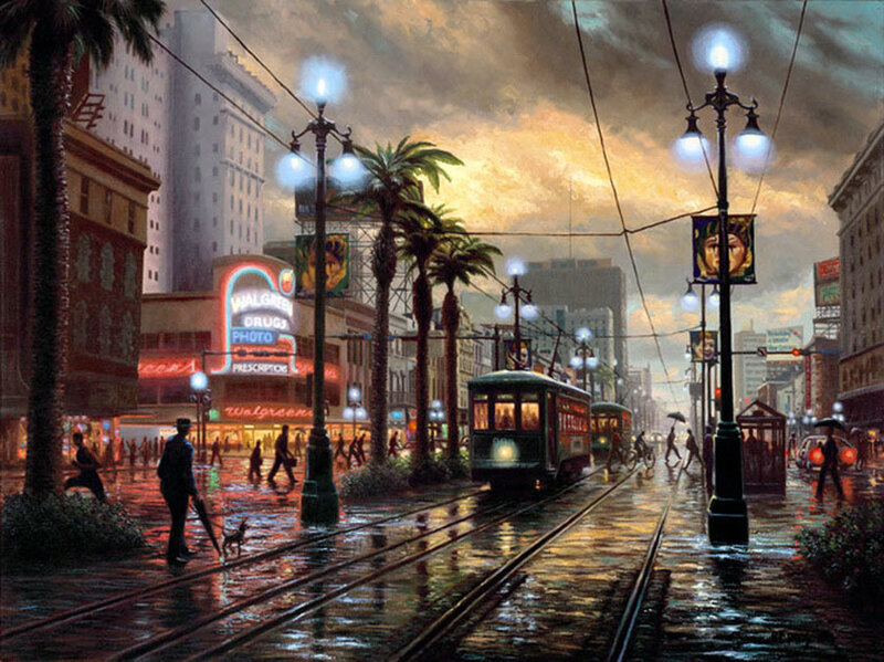 Trolley on Wet Street — Yellow