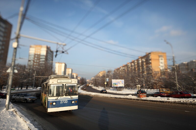 Trolleybus on a snowy city street