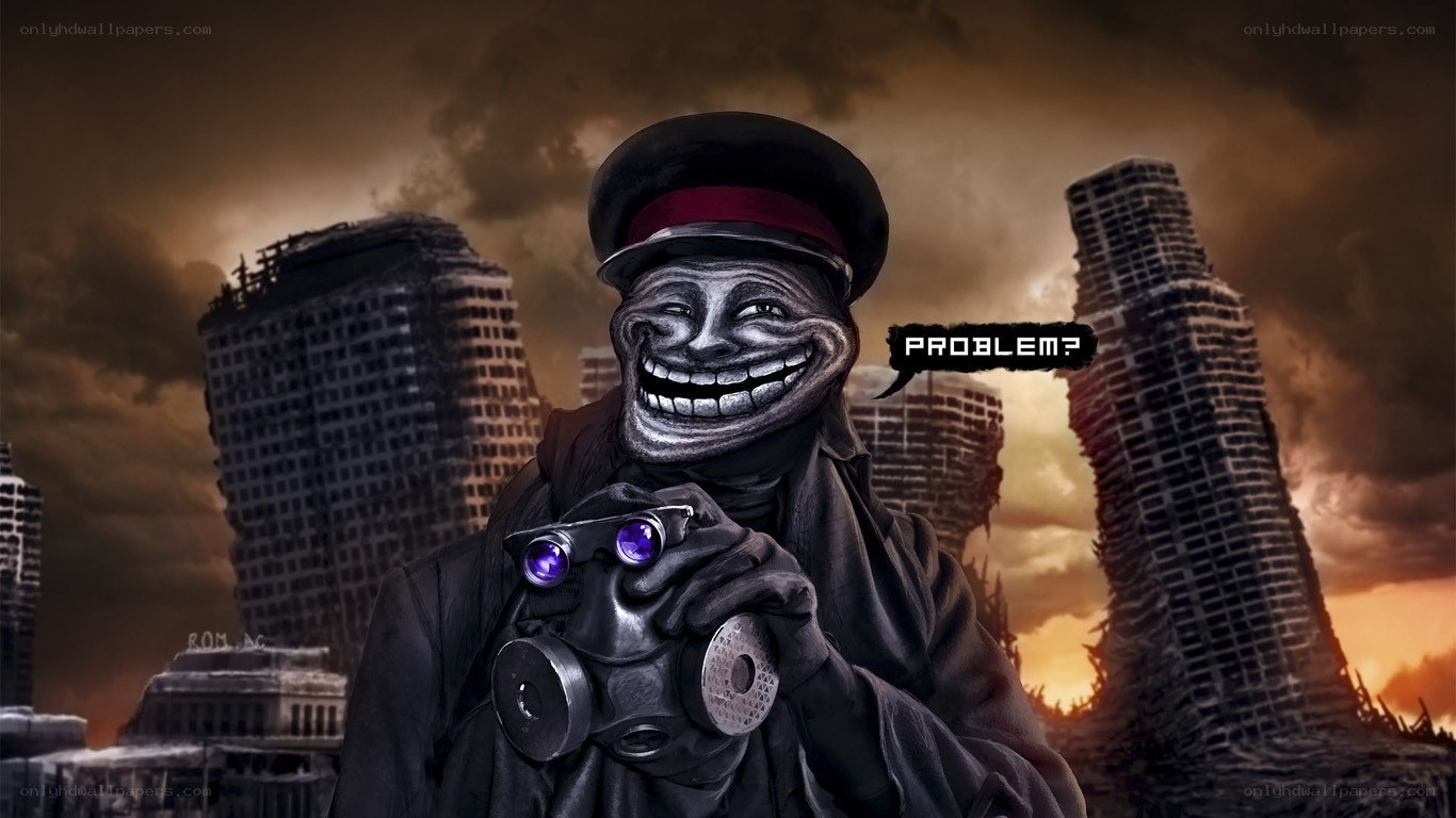 Trollface in a ruined city