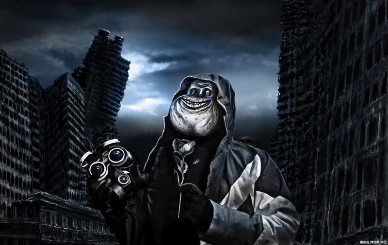 Trollface in a ruined city