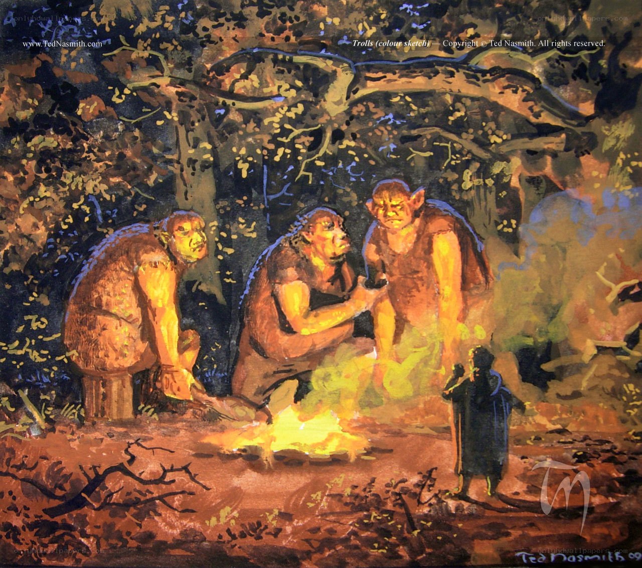 Trolls by a campfire