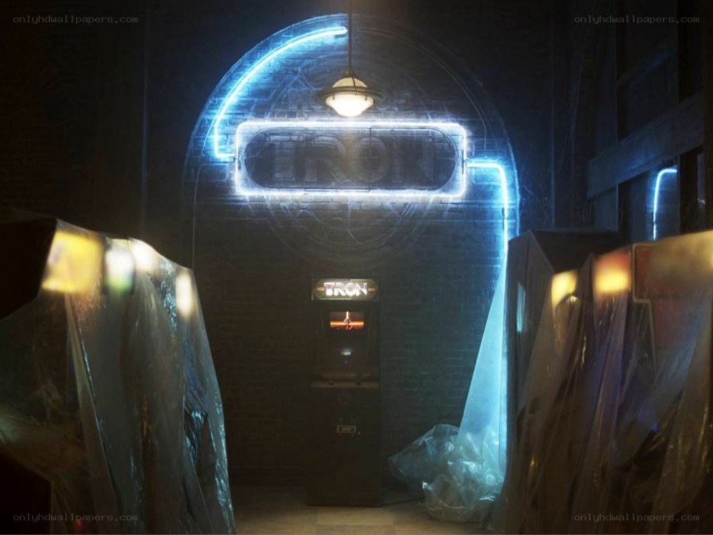 Tron arcade game in a dark room