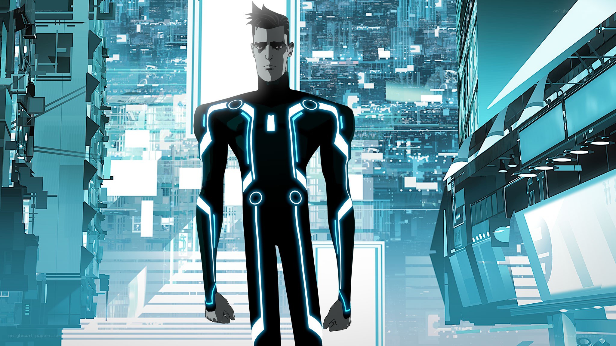 Tron character in digital city