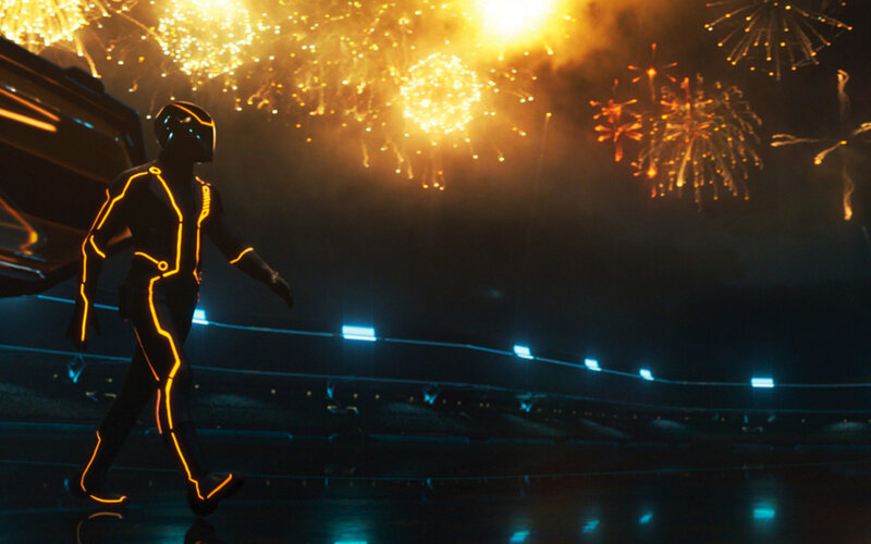 Tron character with fireworks