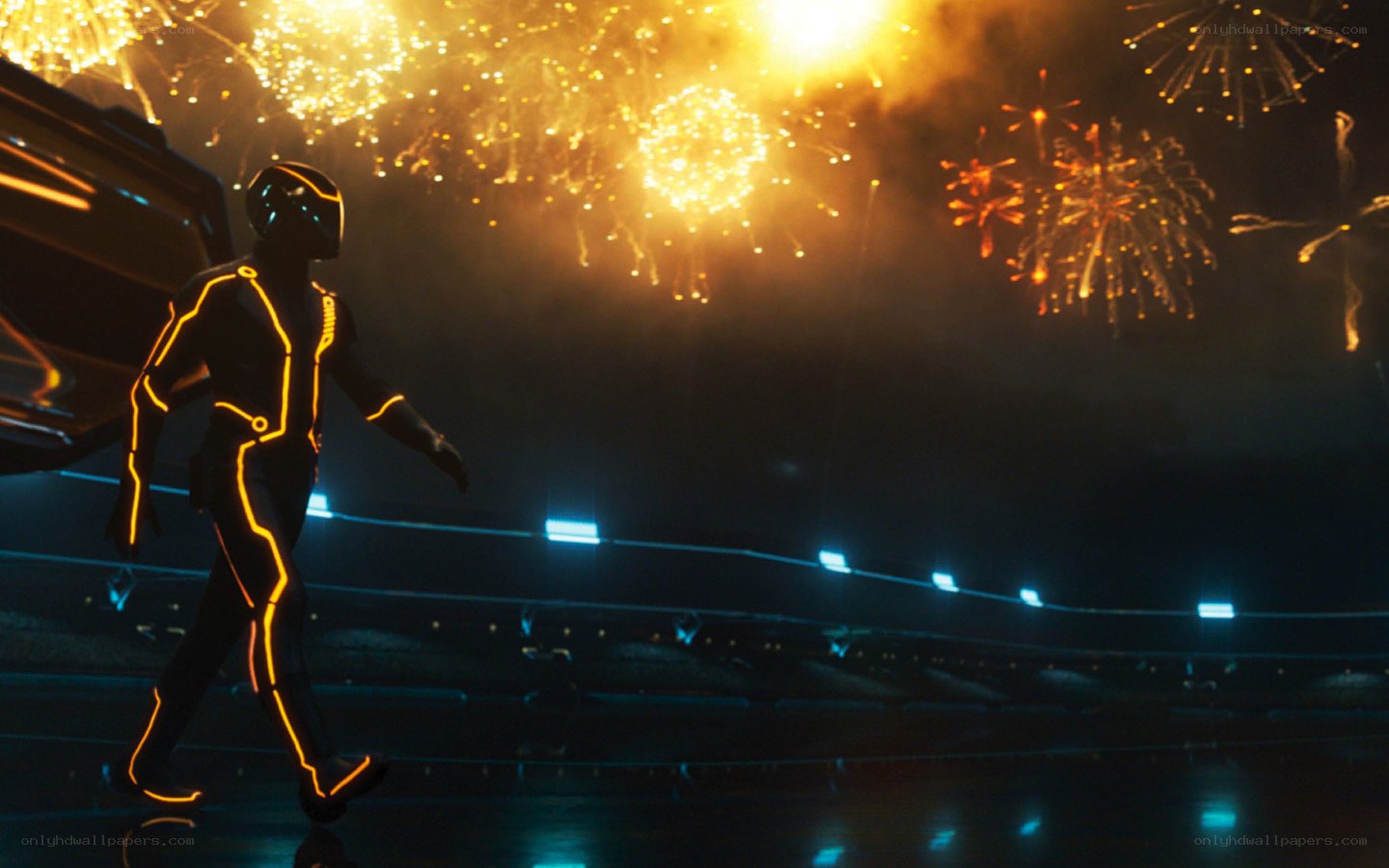 Tron character with fireworks