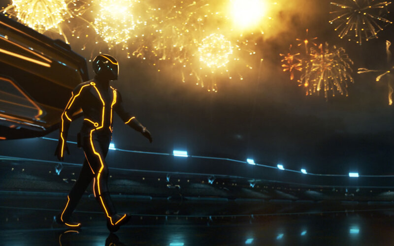 Tron character with fireworks
