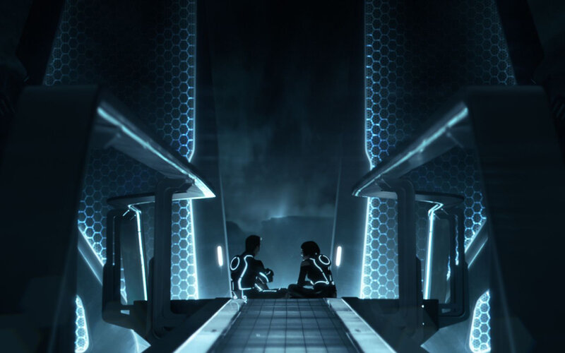 Tron characters in a digital corridor