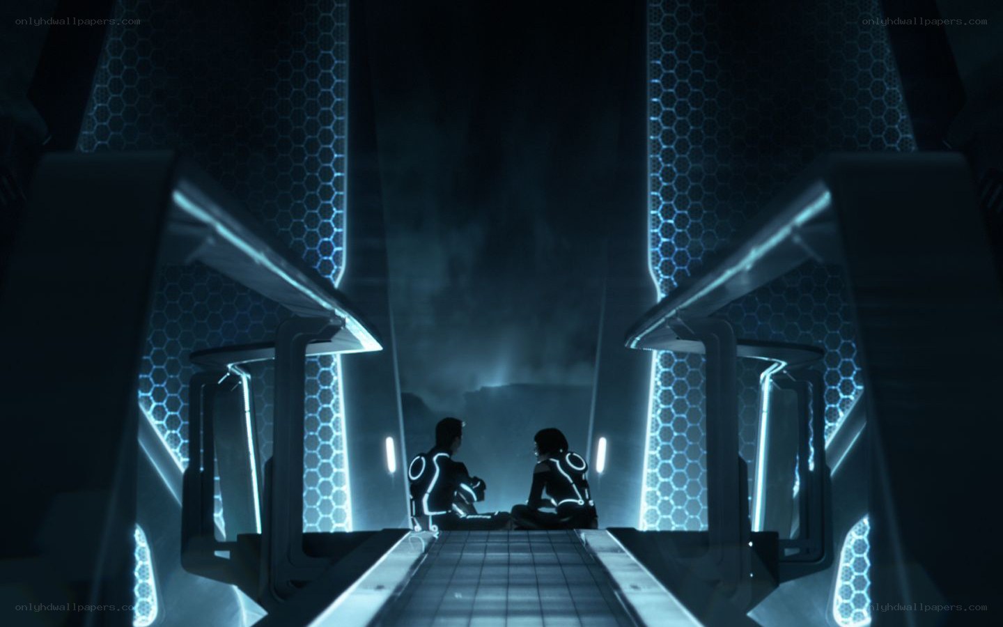 Tron characters in a digital corridor