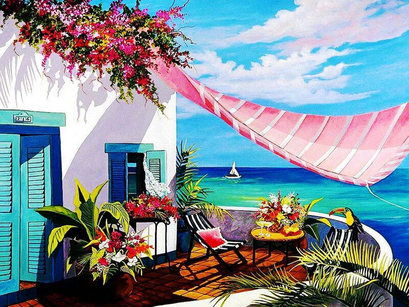 Tropical Balcony View — Blue, Serene