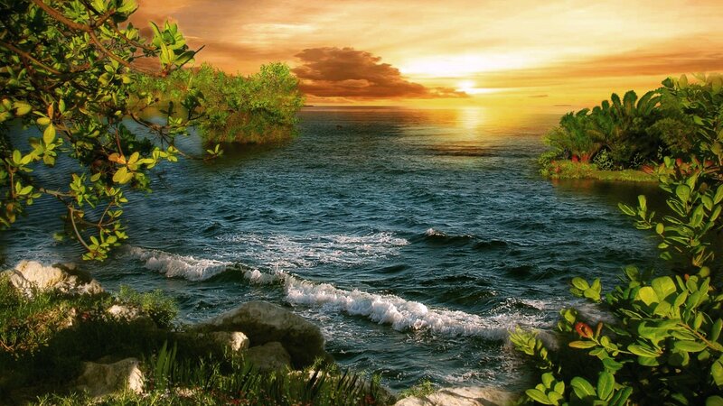 Tropical Bay at Sunset — Blue, Serene