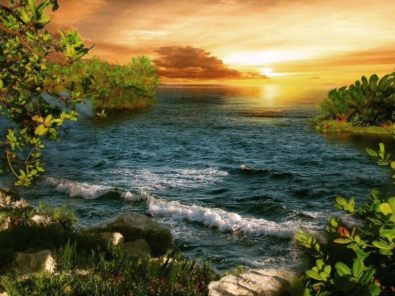 Tropical Bay at Sunset — Blue