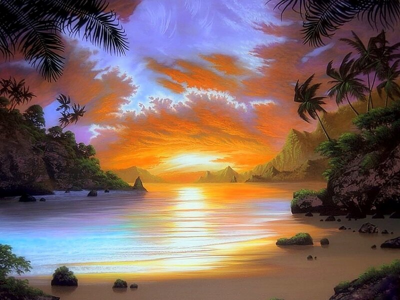 Tropical Bay at Sunset — Orange, Serene