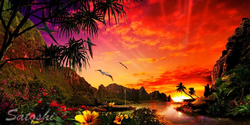 Tropical Bay at Sunset — Red