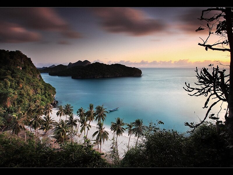 tropical bay at sunset