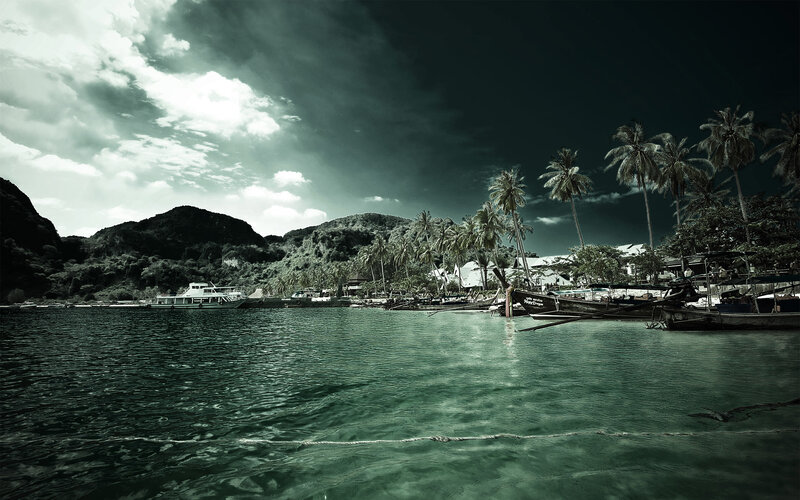 tropical bay with boats and palm trees