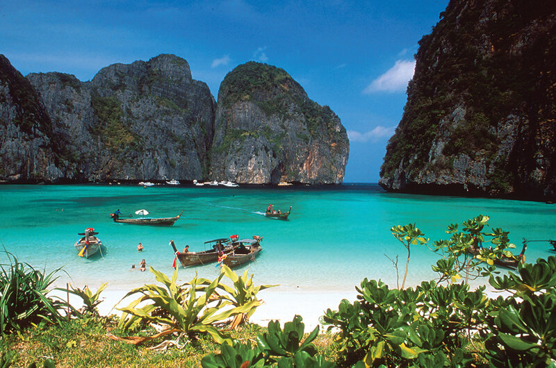 Tropical Bay with Boats — Blue, Serene, Afternoon, Photograph, Cliffs, Beach