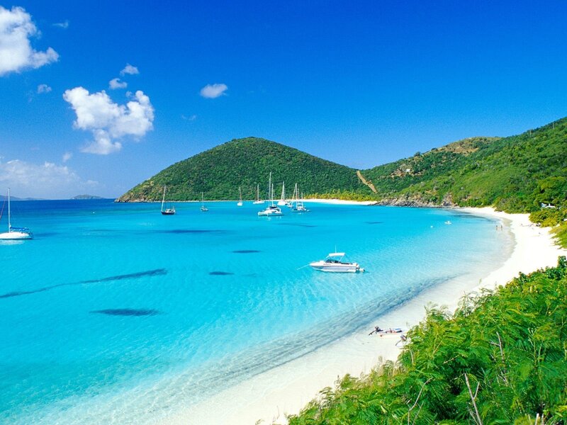 Tropical Bay with Boats — Blue, Serene, Afternoon, Photograph, Sailboats, Beach