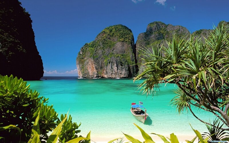 Tropical Bay with Boats — Palm Trees