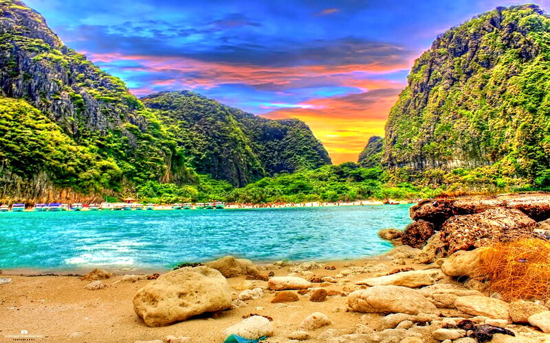 Tropical Bay with Cliffs — Blue, Dramatic