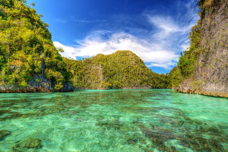 Tropical Bay with Cliffs — Blue, Serene, Afternoon, Photograph, Trees