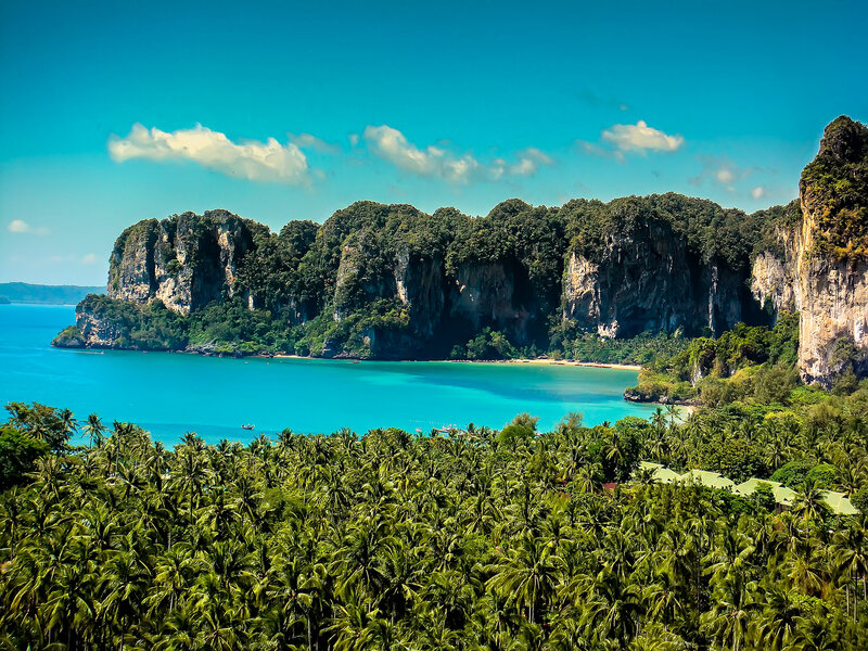 Tropical Bay with Cliffs — Blue, Serene, Afternoon