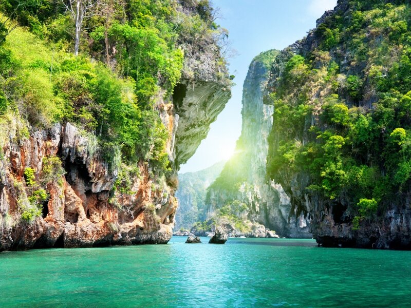 Tropical Bay with Cliffs — Green, Serene, Afternoon, Photograph, Sea