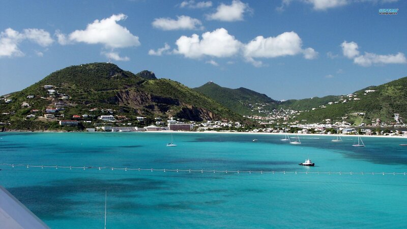 tropical bay with green hills