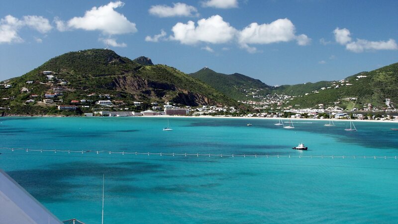 tropical bay with green hills