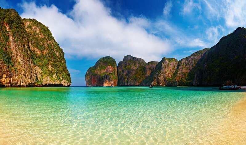 Tropical Bay with Limestone Cliffs — Blue, Serene, Afternoon, Photograph, Boats, Beach