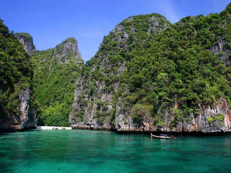 Tropical Bay with Limestone Cliffs — Blue, Serene, Afternoon