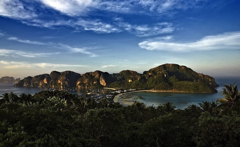 Tropical Bay with Limestone Cliffs — Blue, Serene, Sunset