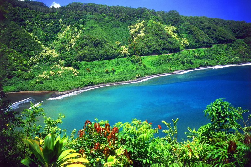 Tropical Bay with Lush Hills — Blue