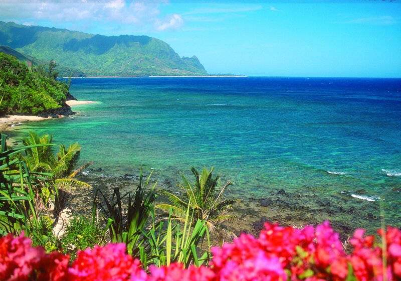 Tropical Bay with Mountains — Blue, Serene, Afternoon, Photograph, Ocean