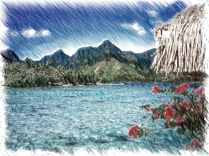 Tropical Bay with Mountains — Blue, Serene, Illustration