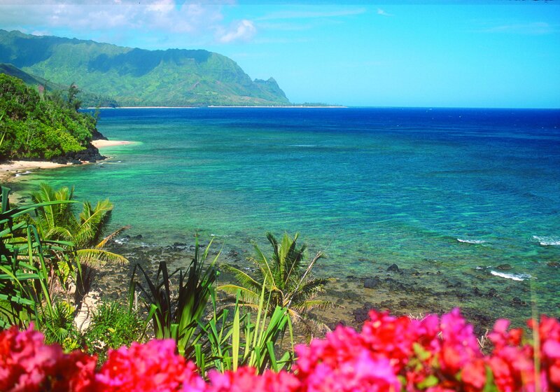 Tropical Bay with Mountains — Blue, Serene