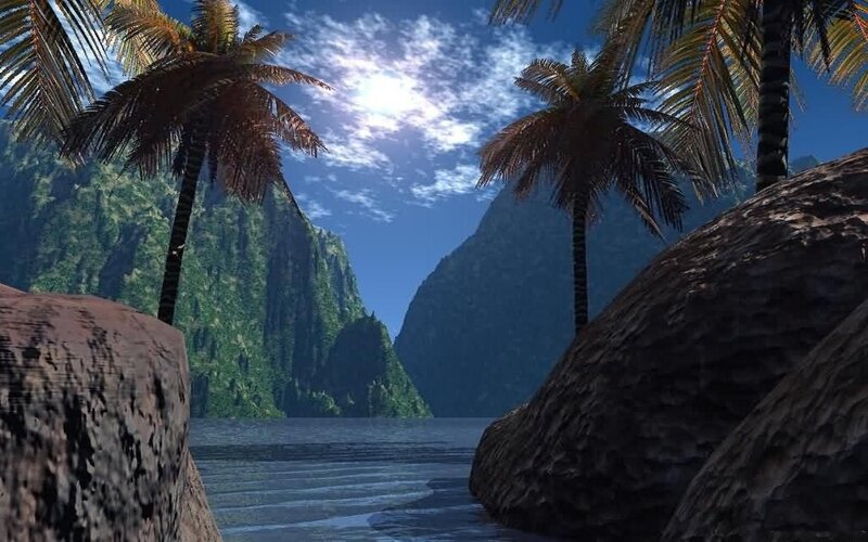 Tropical Bay with Palm Trees — Blue, Serene, Afternoon, 3d Render