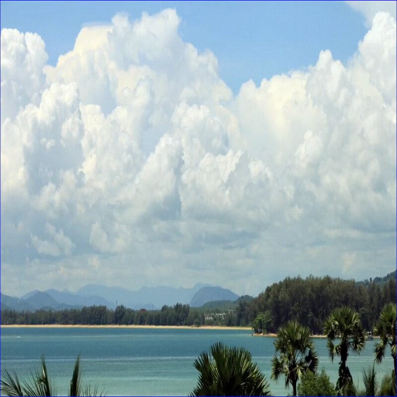 Tropical Bay with Palm Trees — Blue, Serene, Afternoon, Photograph, Mountains