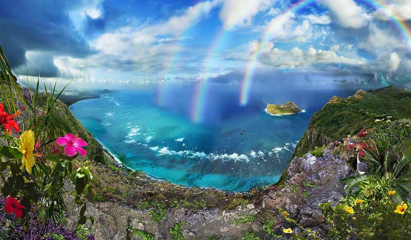 Tropical Bay with Rainbow