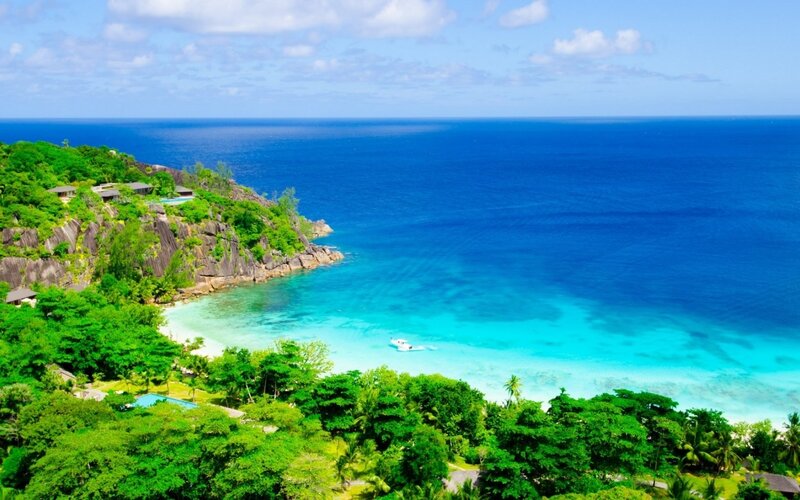 Tropical Bay with Resort — Blue, Serene