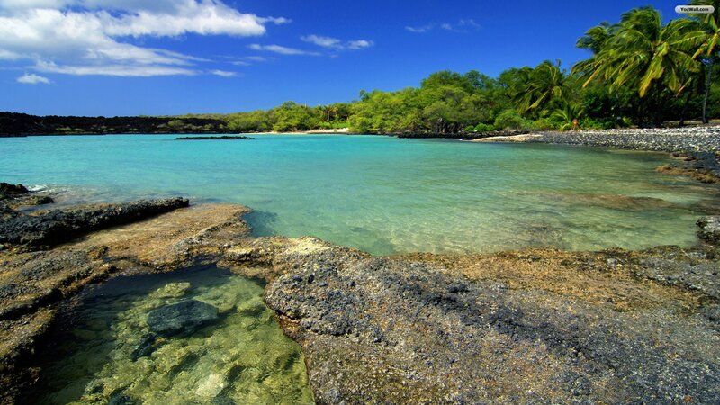Tropical Bay with Rocks — Blue, Serene
