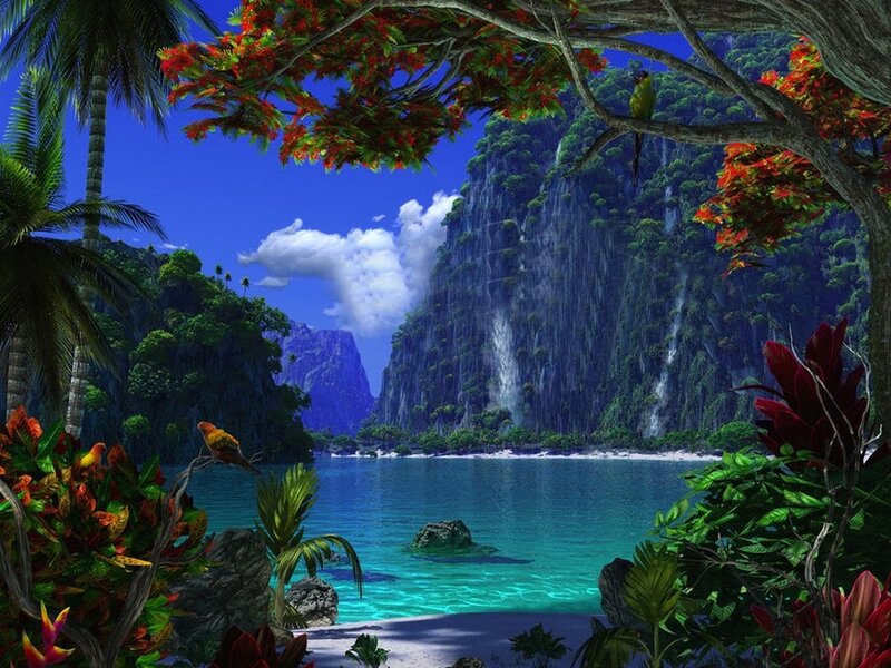 Tropical Bay with Waterfall — Blue, Serene